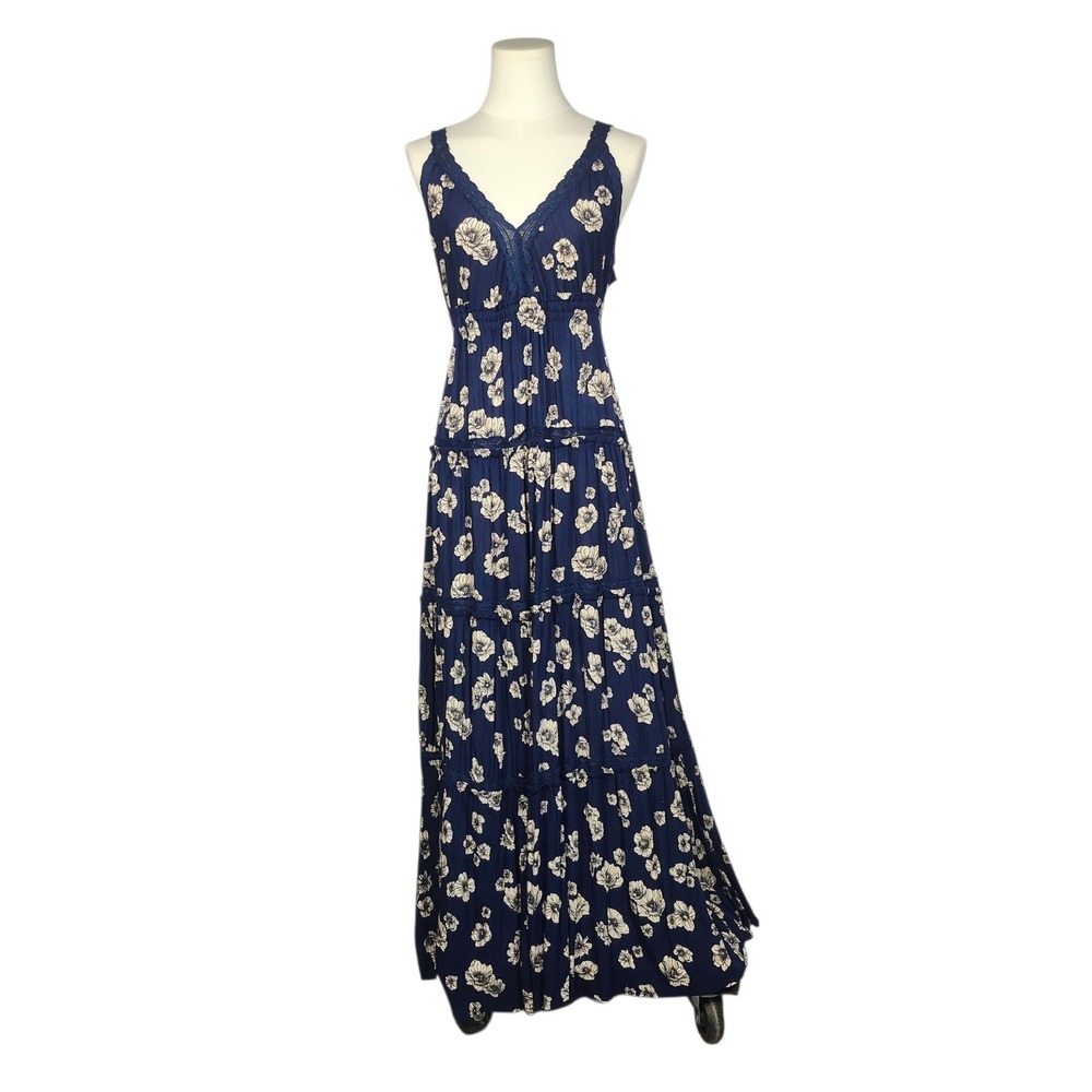 Angie Maxi Dress Floral Tiered Lace Trim Boho Tassels Womens Medium Navy Blue